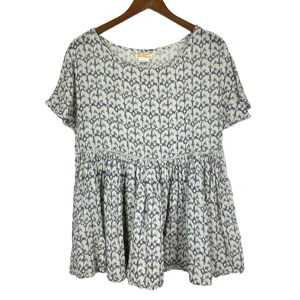 Sweet Magnolia Blue Cream Print Cotton Beaded Embellished Cottagecore Peplum Top